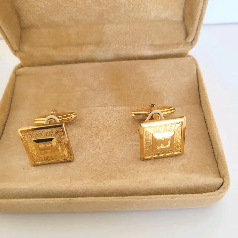 Nina Ricci‎ N French Cufflinks Set Gold Tone Logo Rectangle Box Retro Vintage